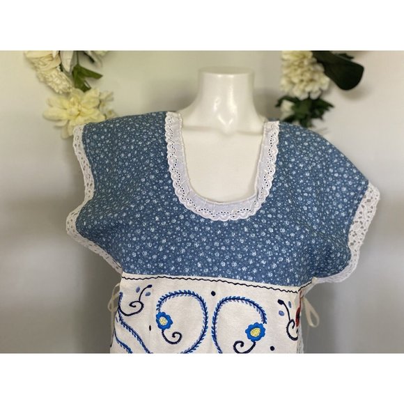 Vintage Homemade Jumper Dress Pinafore Apron 70's Embroidery Calico Farm Cottage - Picture 9 of 12